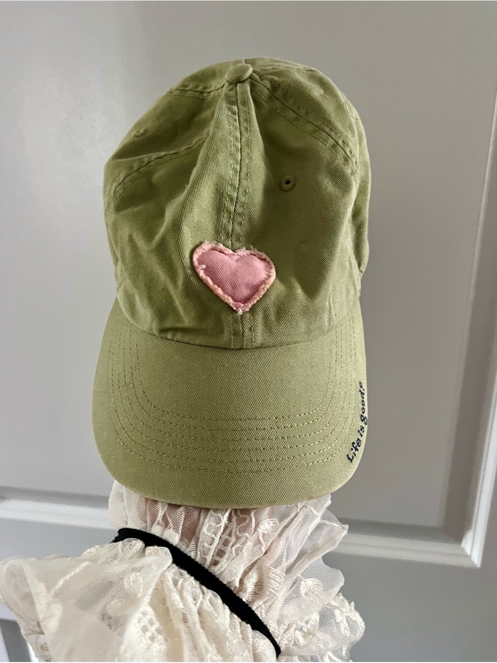 Life is Good Olive Green Pink Heart Adjustable Baseball Cap Hat